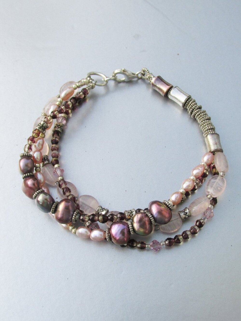 Vintage Sterling Silver 4 Strand Rose Quartz Crystal & Pearl Bead Bracelet